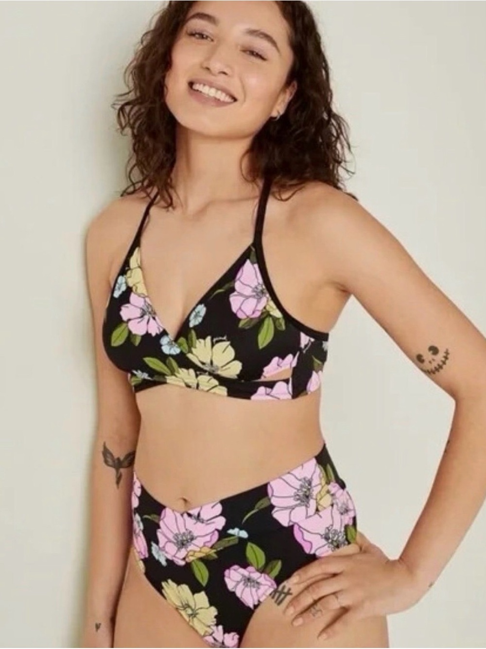 PINK Victoria's Secret Black Floral High-Waist Bikini Set